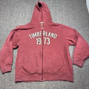 Y2K Timberland Hoodie Men Large Full Zip Embroidered Logo Spell Out Thermal Red